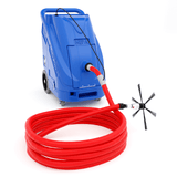 Blue HEPA industrial duct cleaning machine with wheels, red coiled hose, and rotary brush attachment for HVAC maintenance.