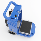 Blue pressure washer with a filter on a white background