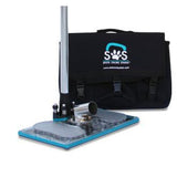 The image shows the SOS Pro Sub Surface Extraction Tool, which includes a stainless steel vacuum flange, a clear top, an adjustable-height handle, and a water-resistant carrying pack.