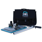 The image shows the SOS Pro Sub Surface Extraction Tool, which includes a stainless steel vacuum flange, a clear top, an adjustable-height handle, and a water-resistant carrying pack.