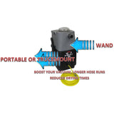A KleenRite V-Boost Vac Booster, which is a portable vacuum booster unit, with a gray and black color scheme, featuring a handle, wheels, and a power cord.