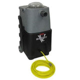 A KleenRite V-Boost Vac Booster, which is a portable vacuum booster unit, with a gray and black color scheme, featuring a handle, wheels, and a power cord.